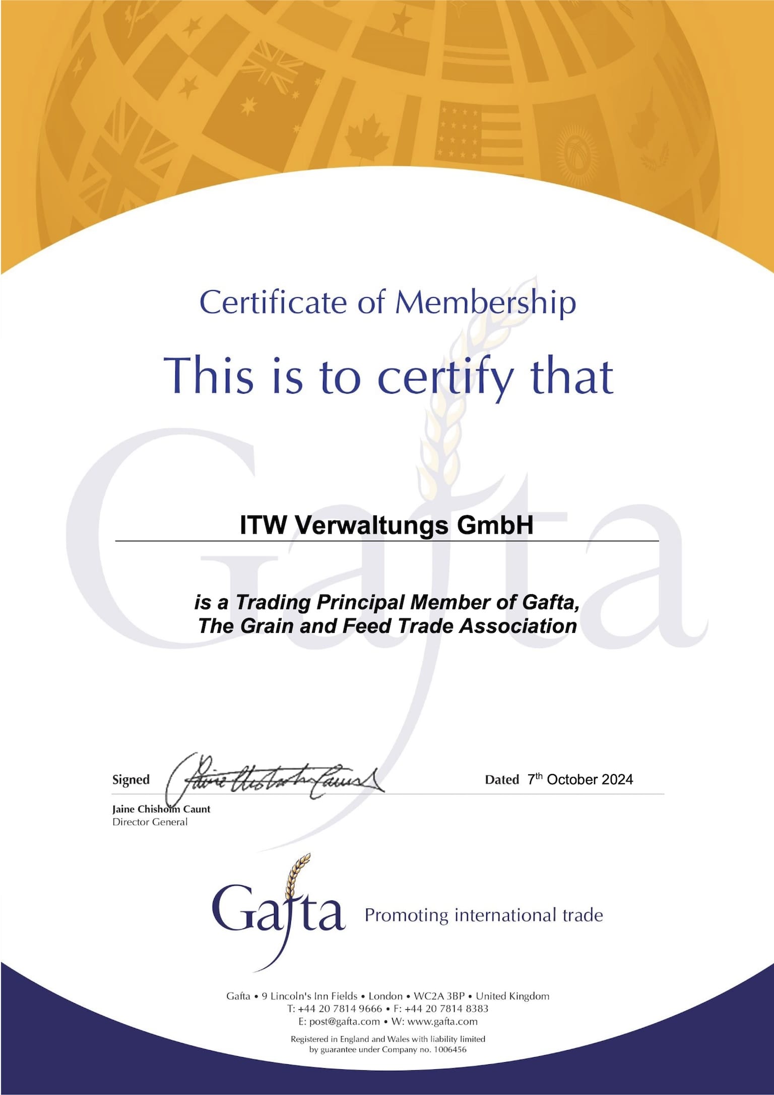 GAFTA ITW Membership Certificate